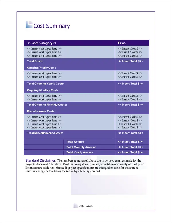 Proposal Pack Business #8 Cost Summary Page