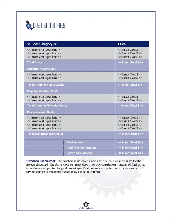 Proposal Pack Concepts #1 Cost Summary Page