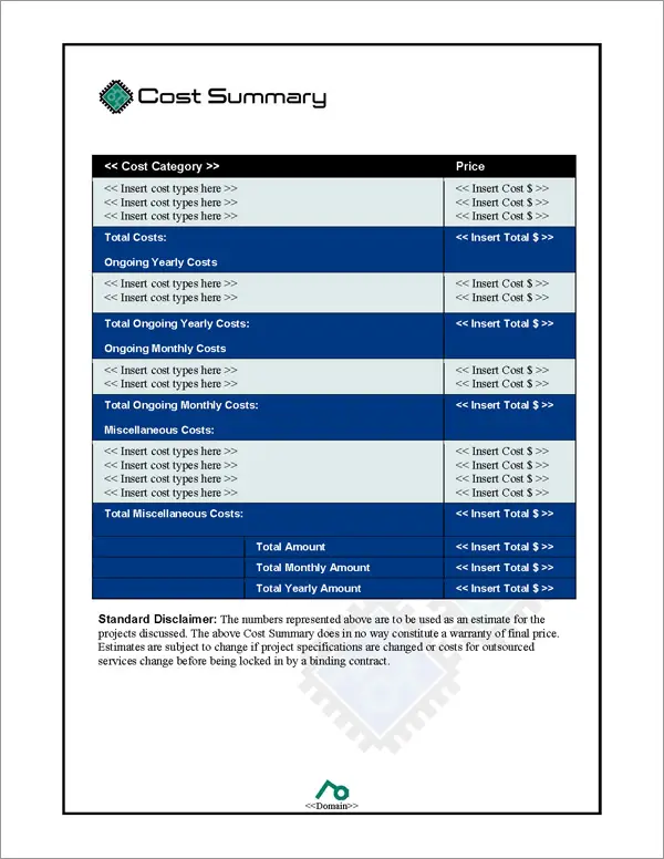 Proposal Pack Tech #3 Cost Summary Page