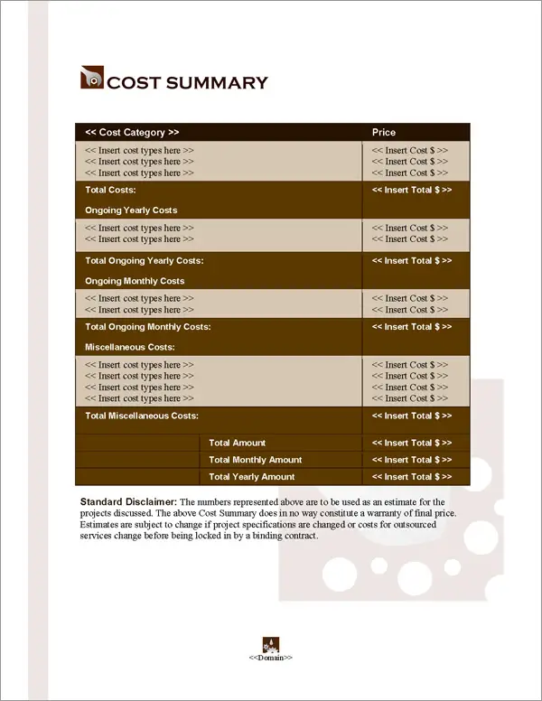 Proposal Pack Construction #3 Cost Summary Page