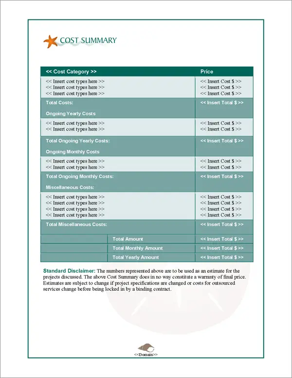 Proposal Pack Nature #4 Cost Summary Page