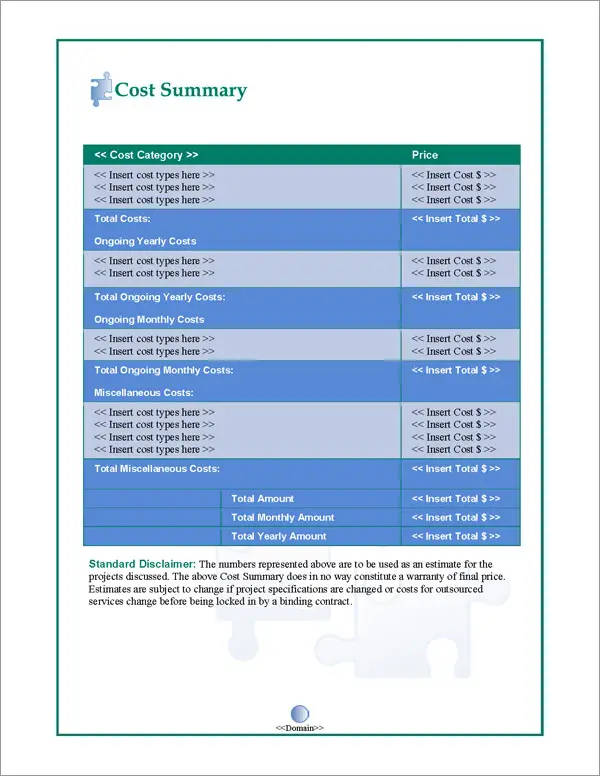 Proposal Pack Concepts #2 Cost Summary Page