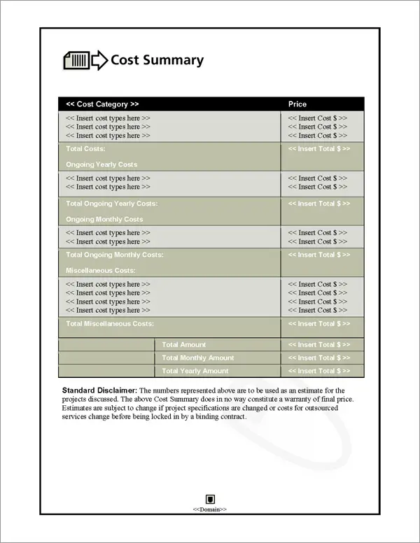 Proposal Pack Tech #4 Cost Summary Page