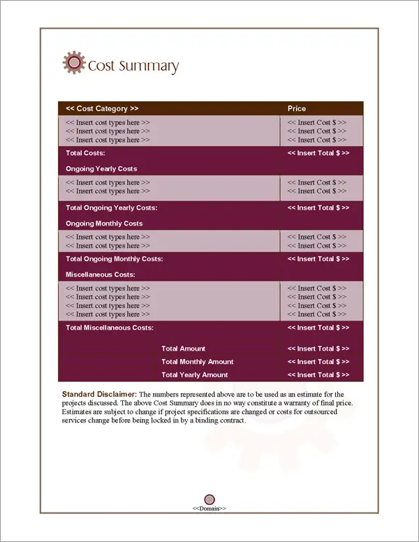 Proposal Pack Concepts #4 Cost Summary Page