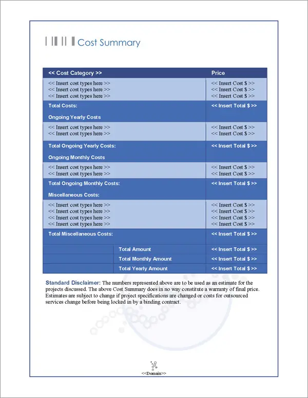 Proposal Pack Medical #3 Cost Summary Page