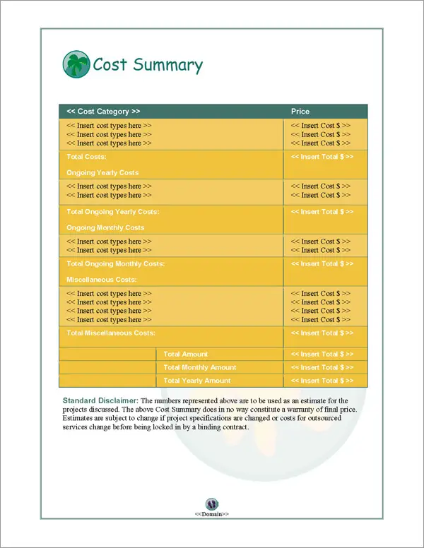 Proposal Pack Travel #1 Cost Summary Page