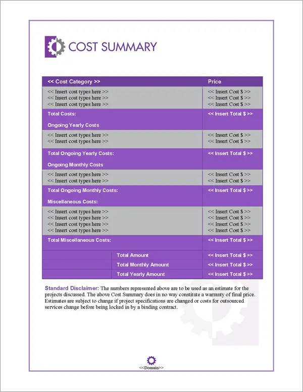 Proposal Pack Concepts #5 Cost Summary Page