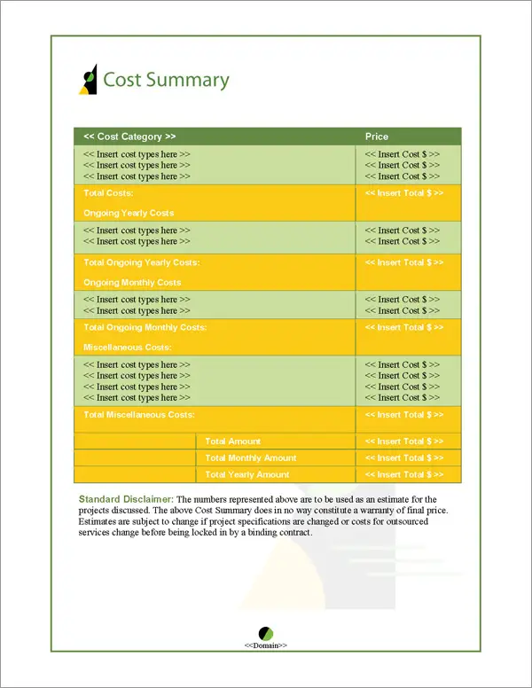 Proposal Pack Concepts #6 Cost Summary Page