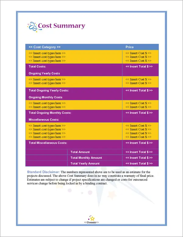 Proposal Pack Entertainment #2 Cost Summary Page