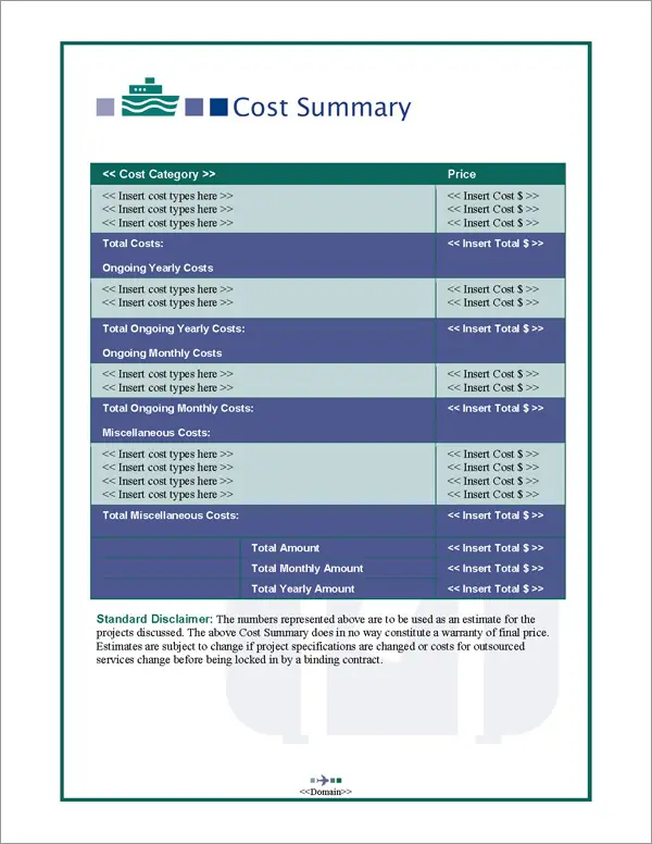 Proposal Pack Travel #2 Cost Summary Page