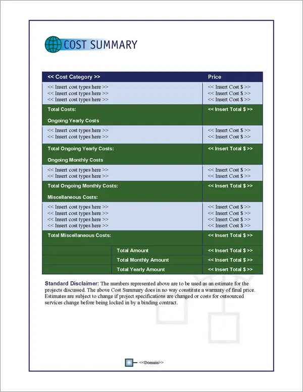 Proposal Pack Global #3 Cost Summary Page