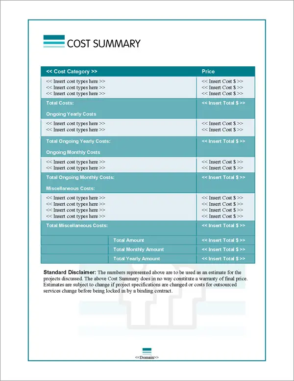 Proposal Pack People #1 Cost Summary Page