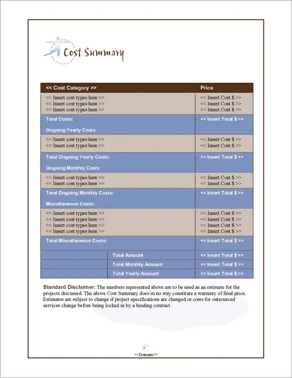 Proposal Pack Sports #3 Cost Summary Page