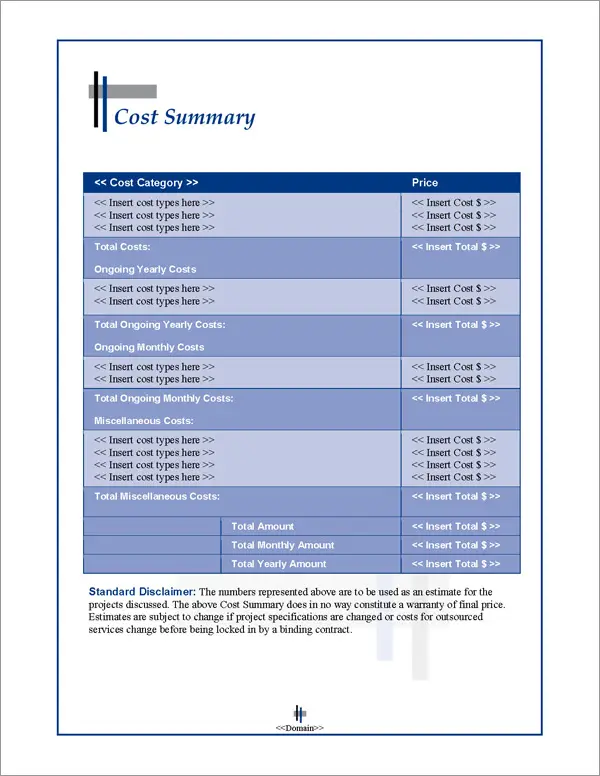 Proposal Pack Classic #9 Cost Summary Page