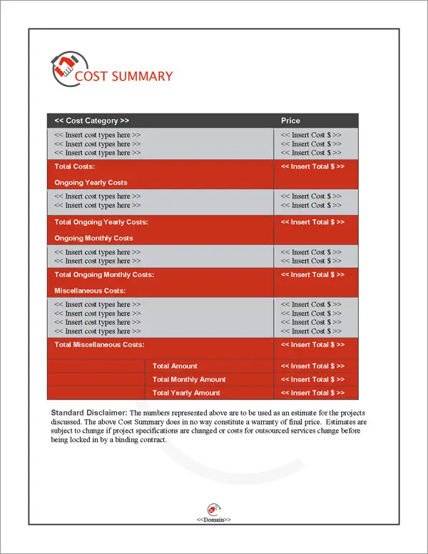 Proposal Pack Business #13 Cost Summary Page