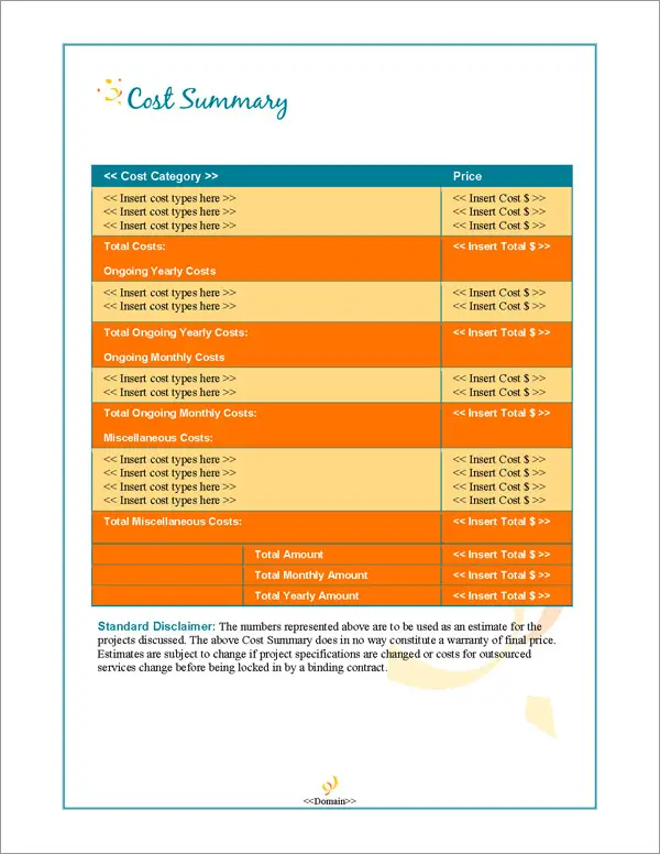 Proposal Pack Events #2 Cost Summary Page