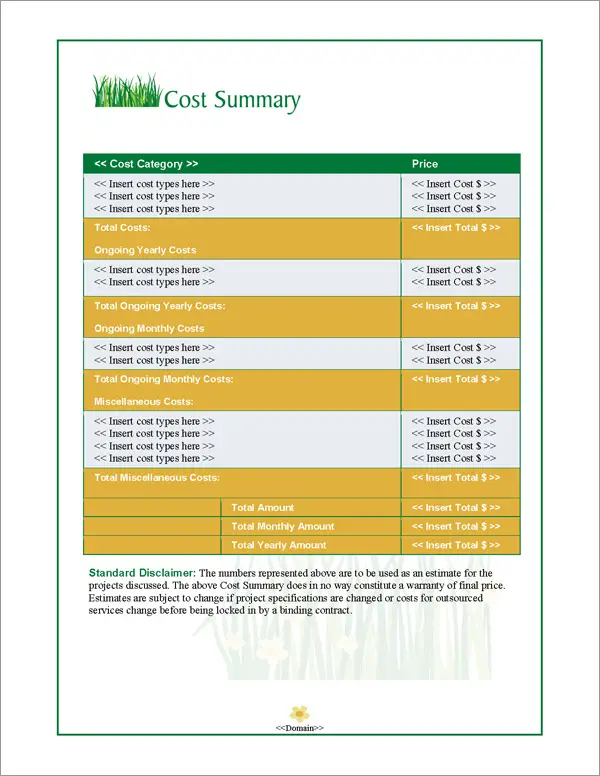 Proposal Pack Lawn #1 Cost Summary Page