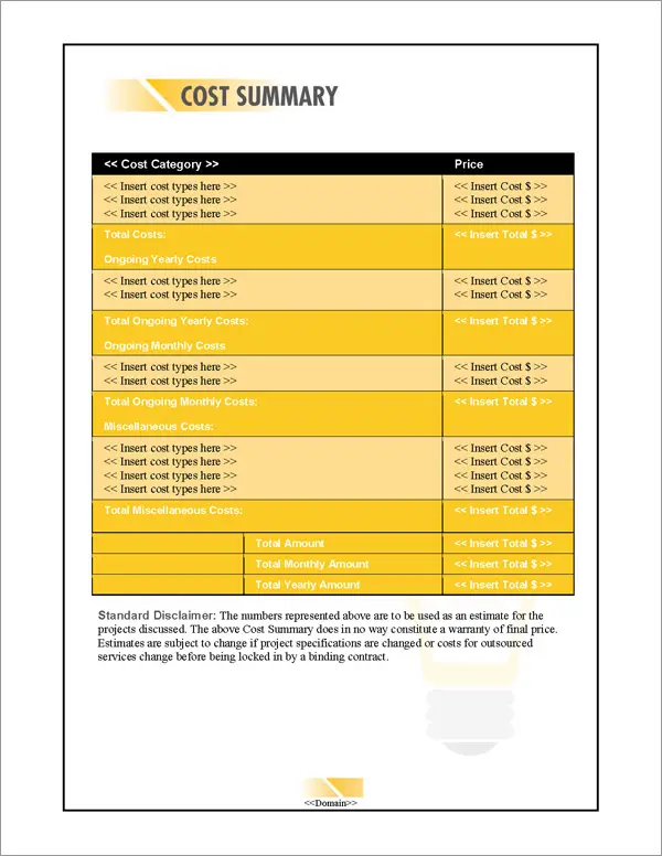 Proposal Pack Concepts #10 Cost Summary Page