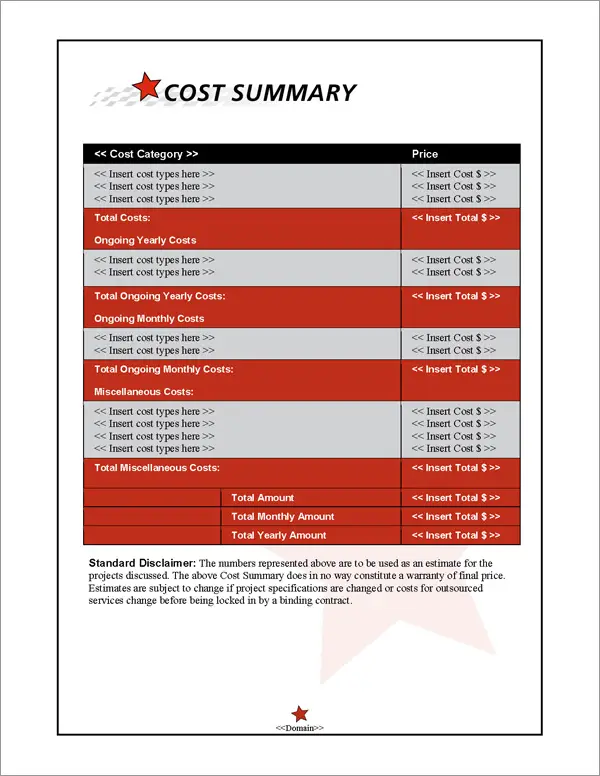 Proposal Pack In Motion #6 Cost Summary Page