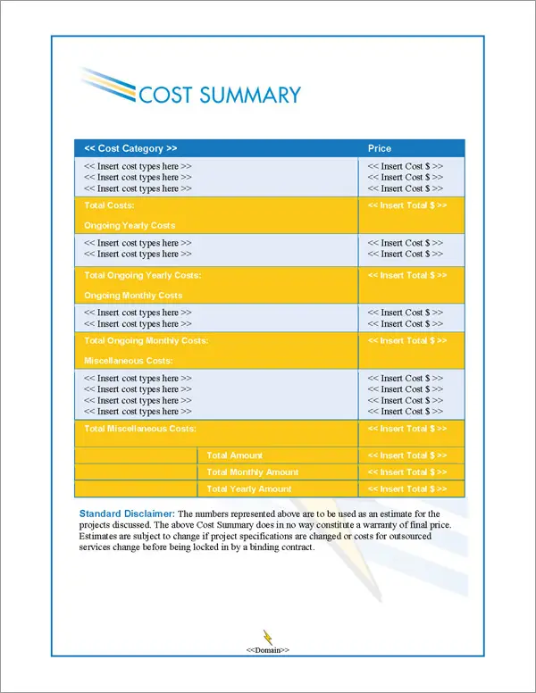 Proposal Pack Contemporary #8 Cost Summary Page