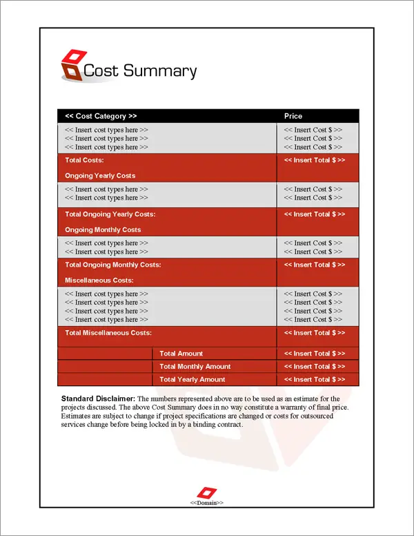 Proposal Pack Contemporary #9 Cost Summary Page