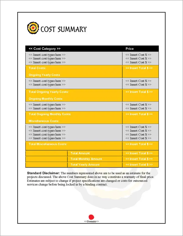 Proposal Pack Bullseye #2 Cost Summary Page