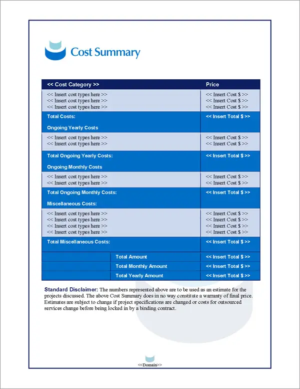 Proposal Pack Contemporary #11 Cost Summary Page