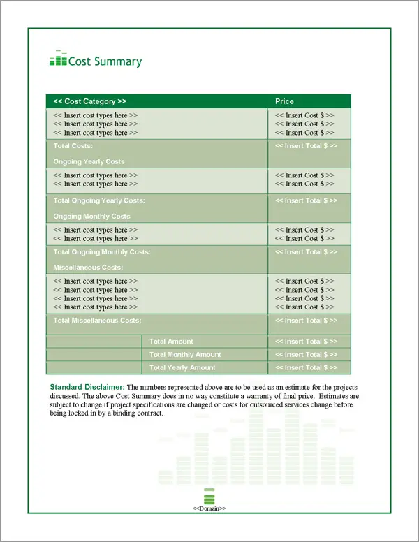 Proposal Pack Entertainment #6 Cost Summary Page