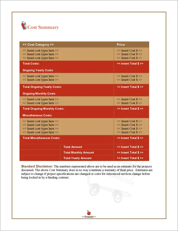 Proposal Pack Food #2 Cost Summary Page