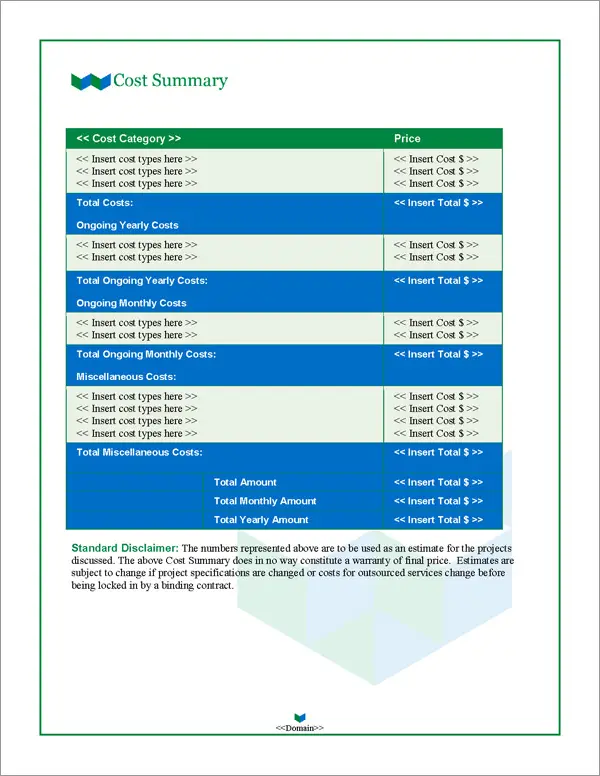 Proposal Pack Contemporary #12 Cost Summary Page