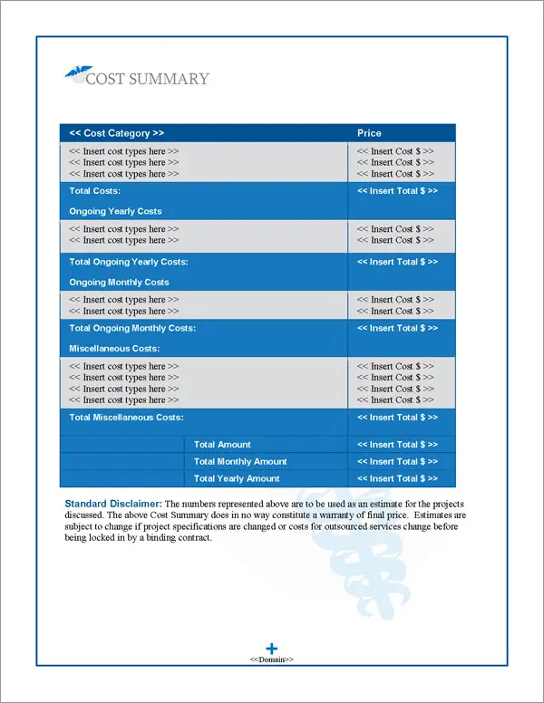 Proposal Pack Medical #4 Cost Summary Page