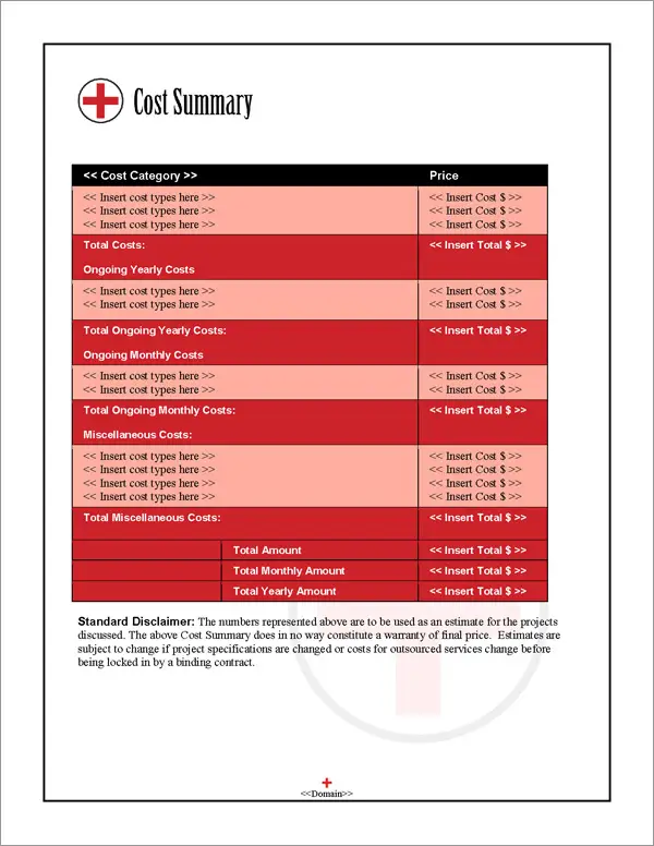 Proposal Pack Healthcare #2 Cost Summary Page