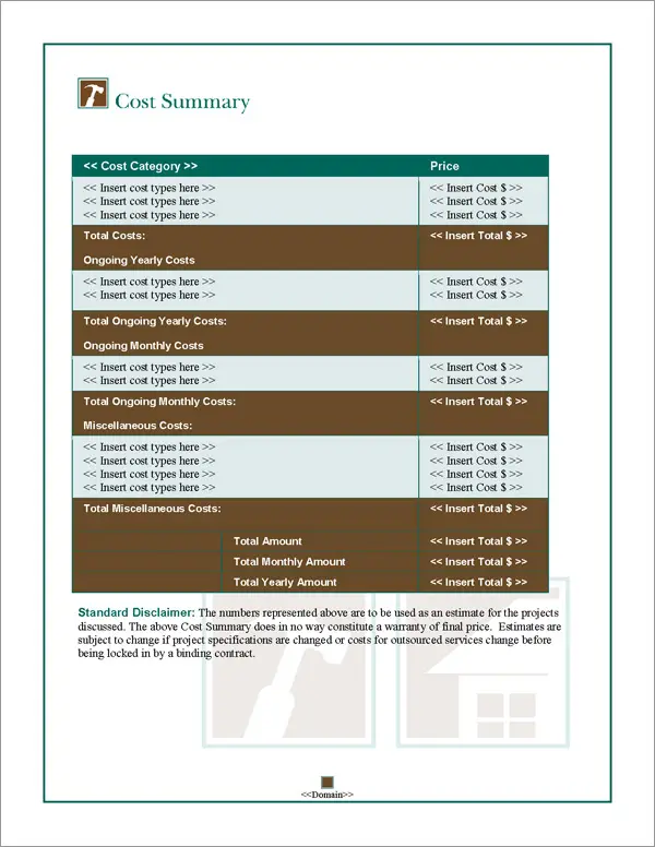 Proposal Pack Roofing #1 Cost Summary Page