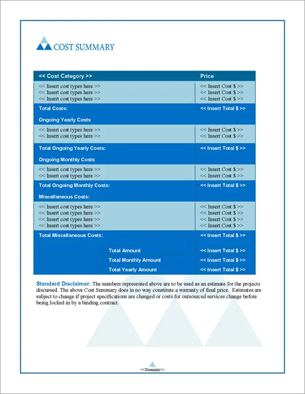 Proposal Pack Classic #11 Cost Summary Page