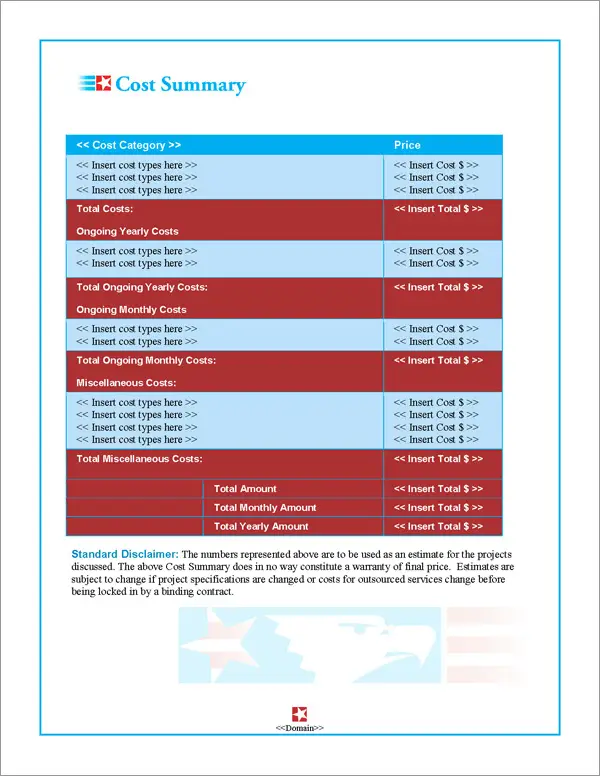 Proposal Pack Flag #4 Cost Summary Page