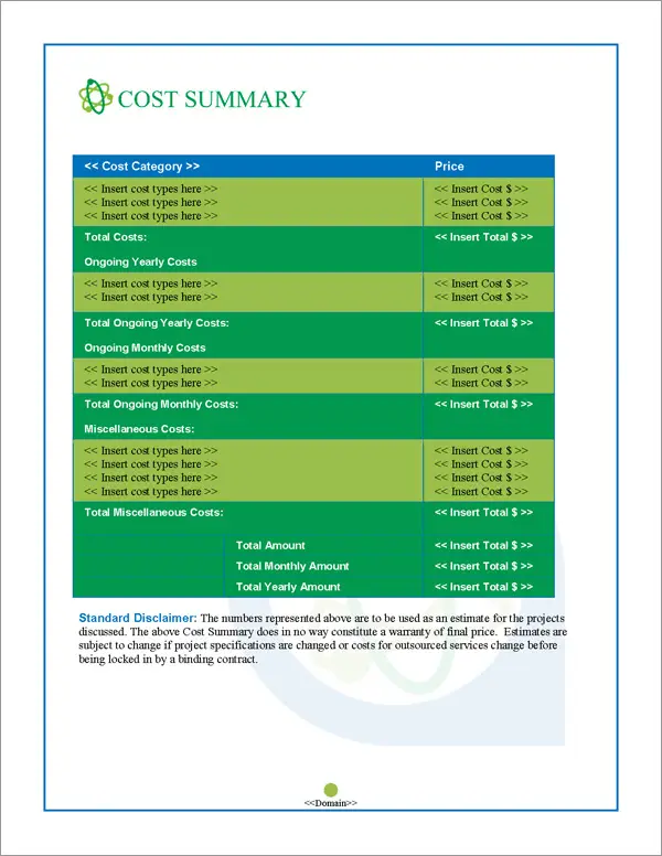 Proposal Pack Energy #5 Cost Summary Page