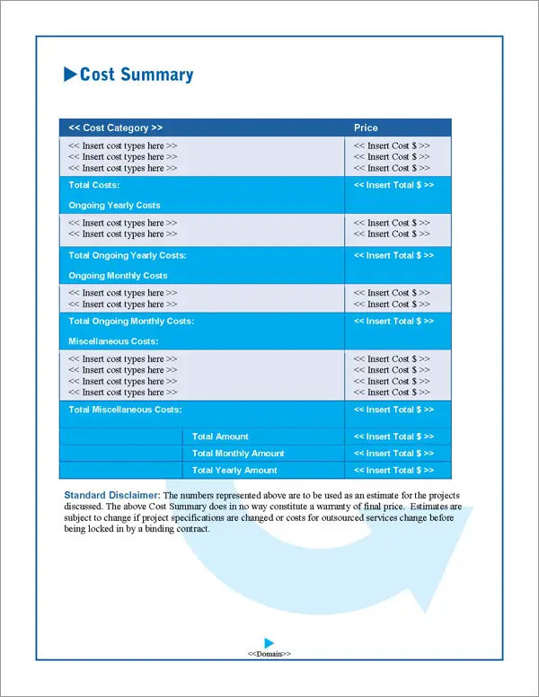 Proposal Pack Classic #12 Cost Summary Page