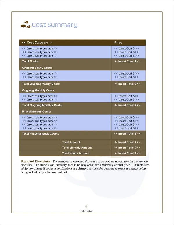 Proposal Pack Food #3 Cost Summary Page