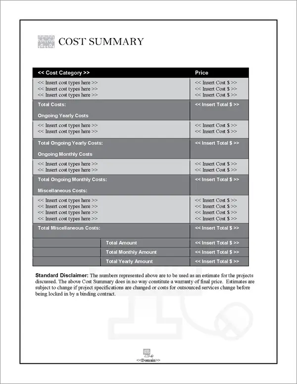 Proposal Pack Computers #4 Cost Summary Page