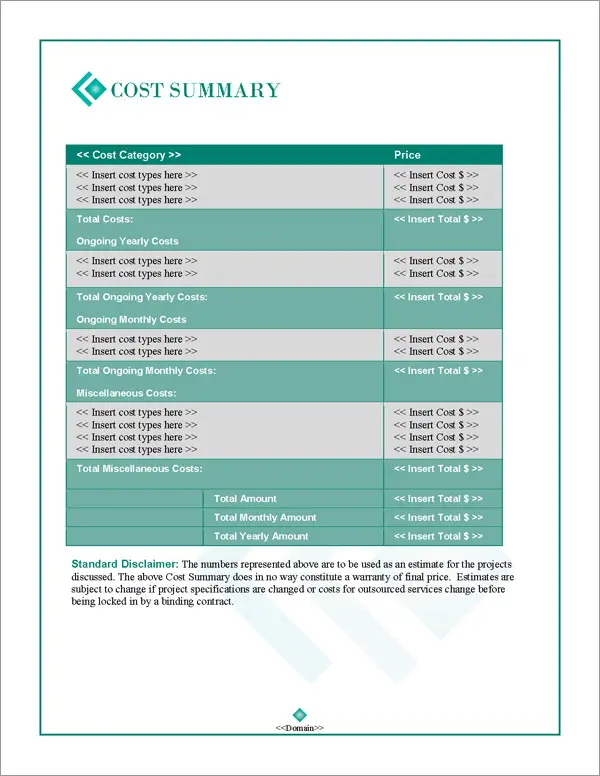 Proposal Pack Business #17 Cost Summary Page