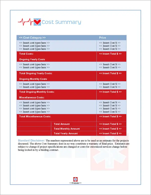 Proposal Pack Medical #5 Cost Summary Page