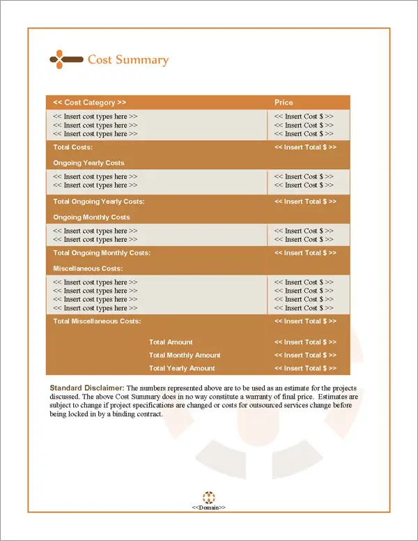 Proposal Pack Contemporary #14 Cost Summary Page