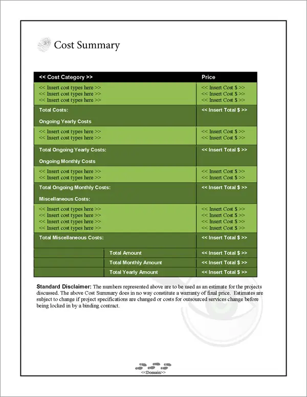 Proposal Pack Investigation #1 Cost Summary Page