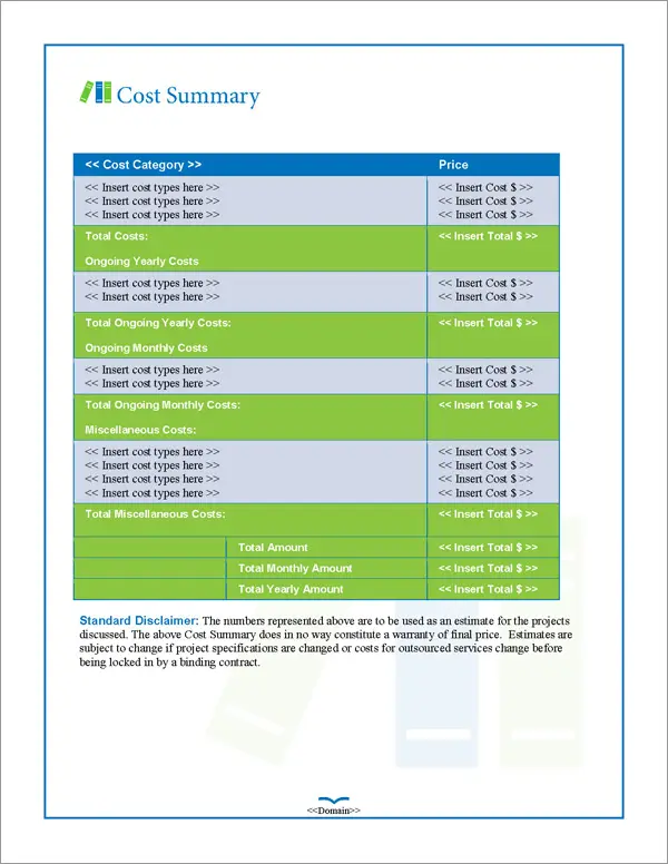 Proposal Pack Books #2 Cost Summary Page