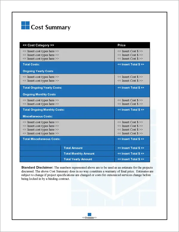 Proposal Pack Classic #14 Cost Summary Page