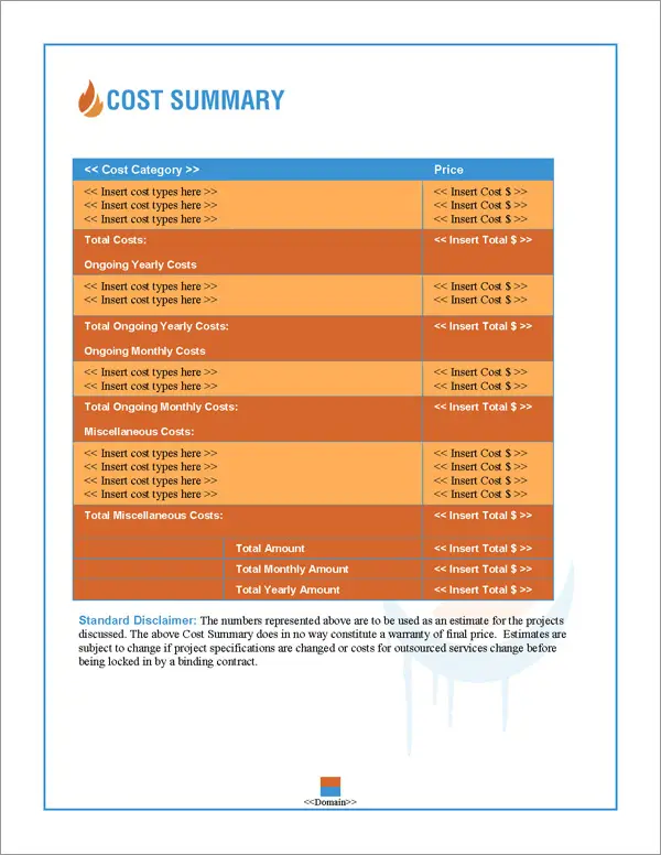 Proposal Pack HVAC #1 Cost Summary Page