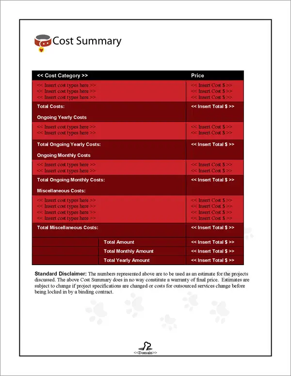 Proposal Pack Animals #2 Cost Summary Page