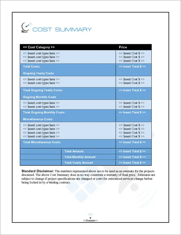 Proposal Pack Telecom #2 Cost Summary Page