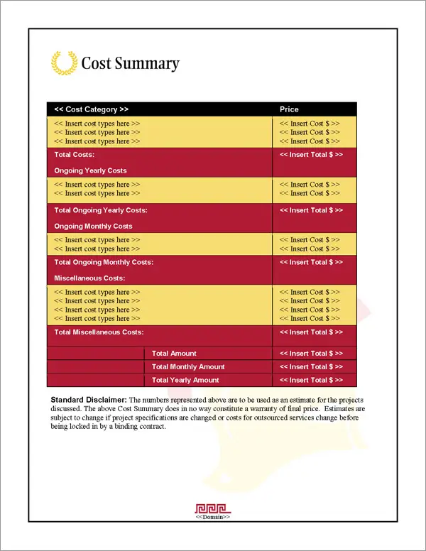 Proposal Pack Security #6 Cost Summary Page