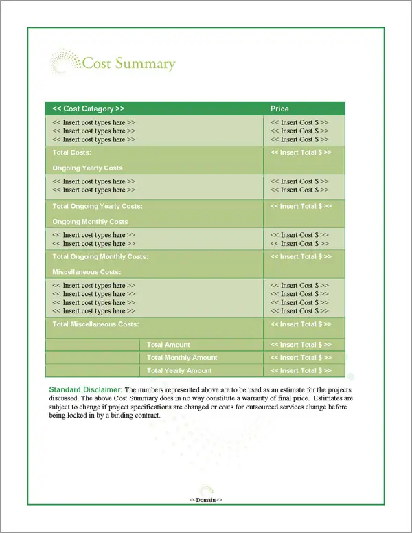 Proposal Pack Business #18 Cost Summary Page